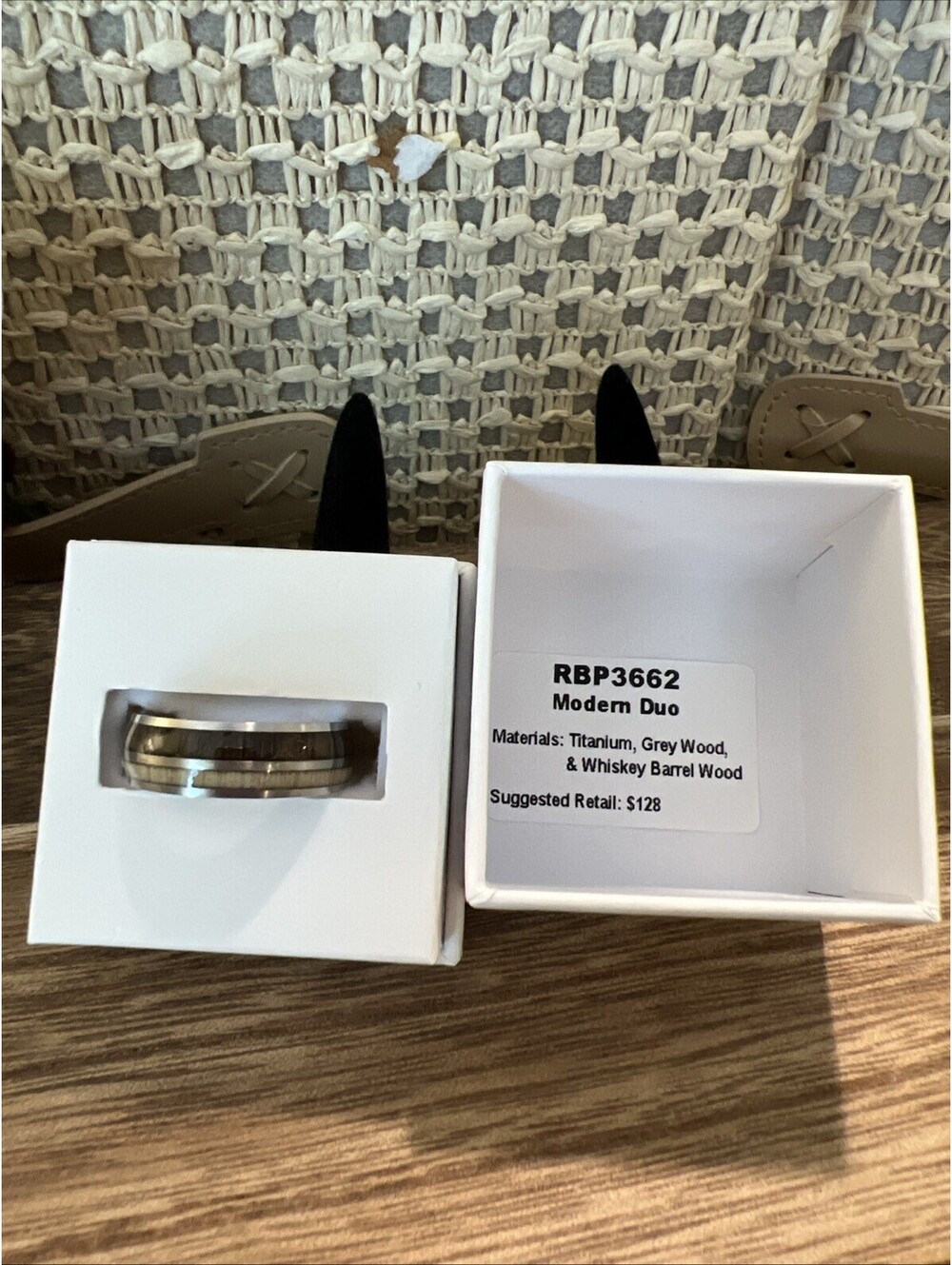 Bomb Party Menโs Size 12 Modern Duo Ring. Titanium, Grey Wood & Whiskey Barrel